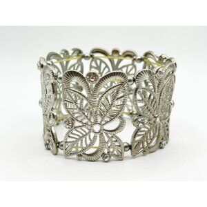 Vintage Silvertone Wide Stretch Floral Panel Bracelet